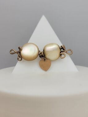 Vintage MCM 1950s Handcrafted Wire Pearl Bar Brooch Heart Charm Initialed AS-IS